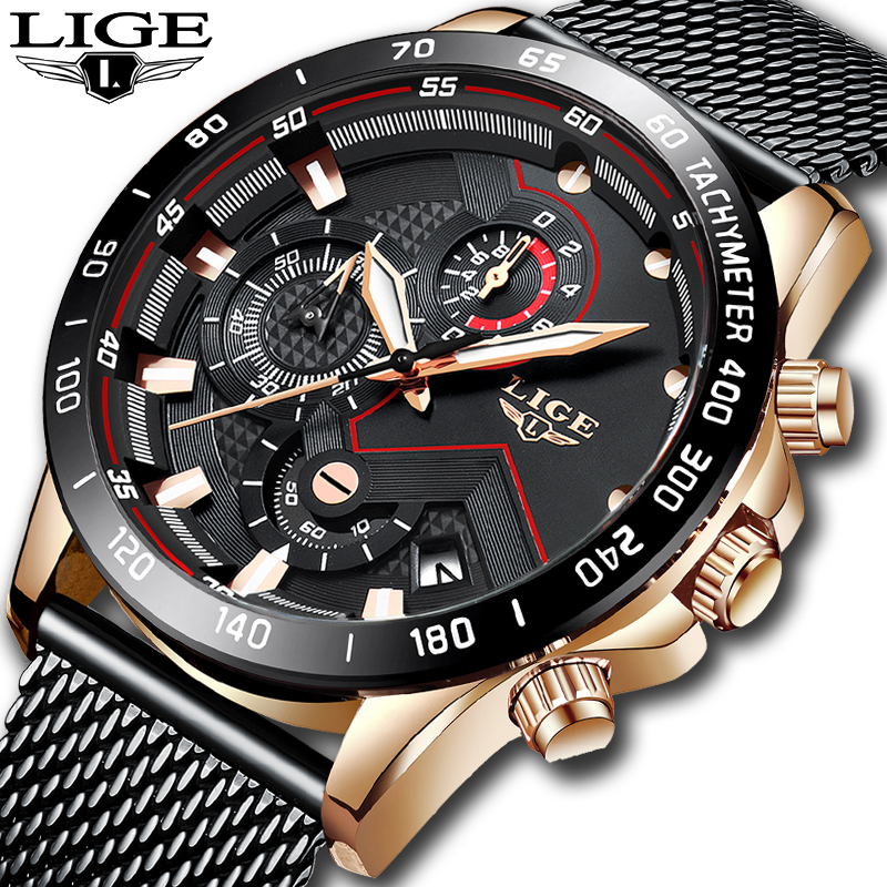 LIGE màu xanh da trời đồng hồ nam lịch chronograph thời trang chống thấm nước đàn ông xem đồng hồ đeo tay thạch anh