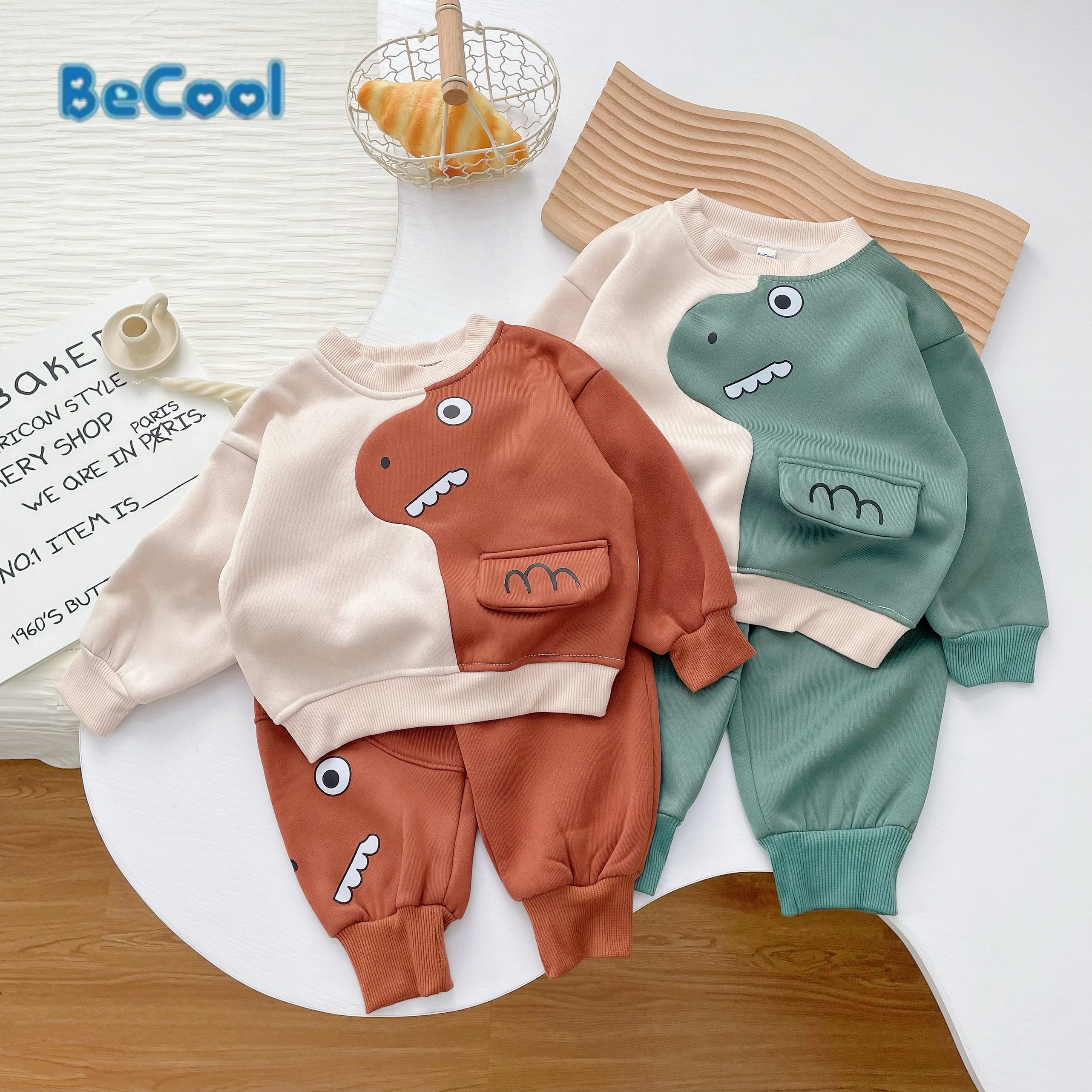  Set Quần Áo Nỉ In Miệng Khủng Long 2 Màu Cho Bé Từ 8-27kg BECOOL 