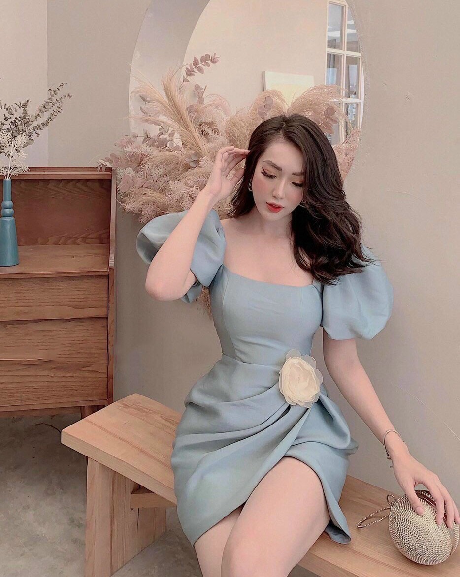 Đầm Nữ Tay Phồng Cổ Vuông Họa Tiết 3 Màu Chân Váy Đắp Chéo Cực Xinh Phối Kết Hoa Eo Thời Trang Phù Hợp Dạo Phố