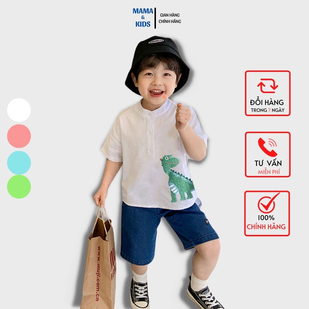 Áo Sơ Mi Bé Trai Hàn Quốc MAMA & KIDS Tay lỡ Cổ tròn chất liệu linen thoáng mát họa tiết khủng long cho bé từ 10 đến 40kg Đủ 4 màu