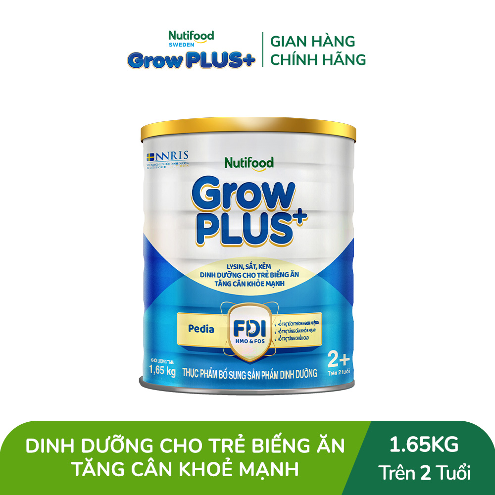 Sữa Bột Nutifood GrowPLUS+ Biếng Ăn (Xanh) 2+ - Hỗ Trợ Kích Thích Ngon Miệng, Tăng Cân Khỏe Mạnh (Lon 1,65 Kg)