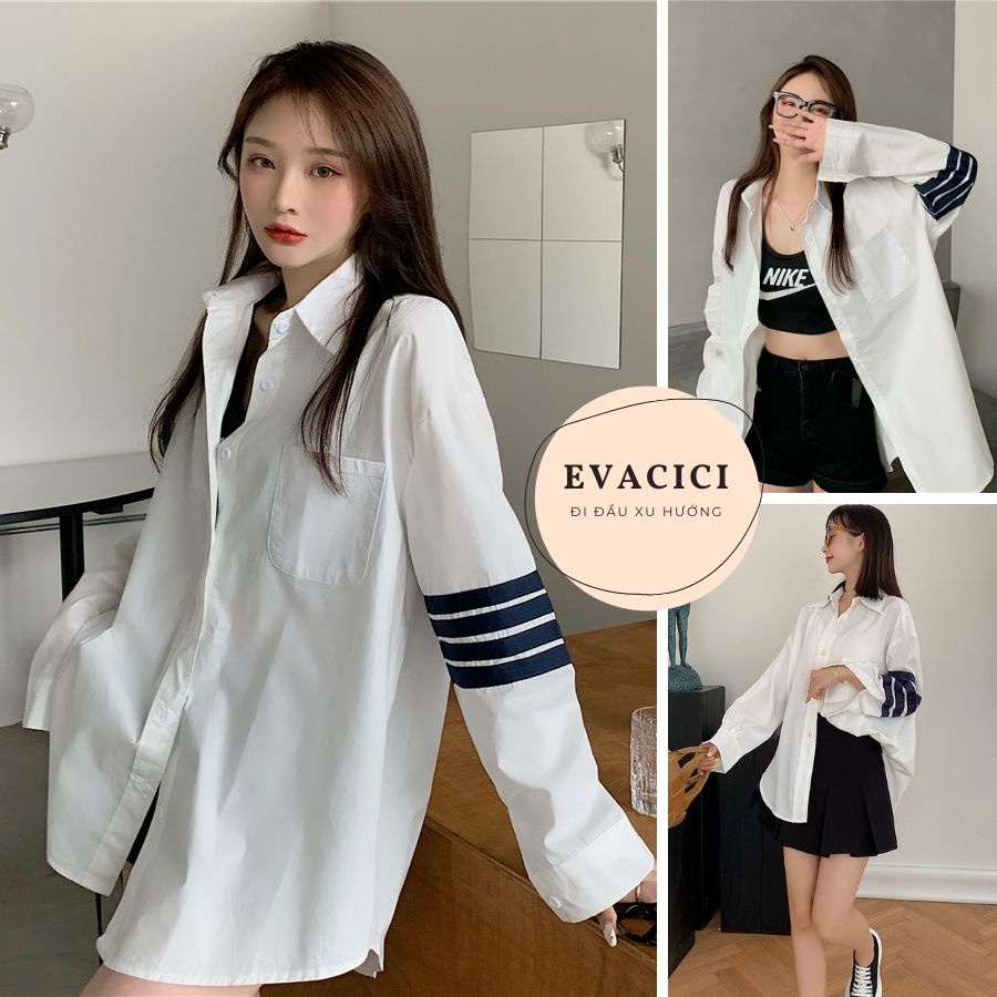 Áo Sơ mi nữ dài tay phối sọc kẻ cổ đức. Sơ mi Trắng dài tay phối kẻ.