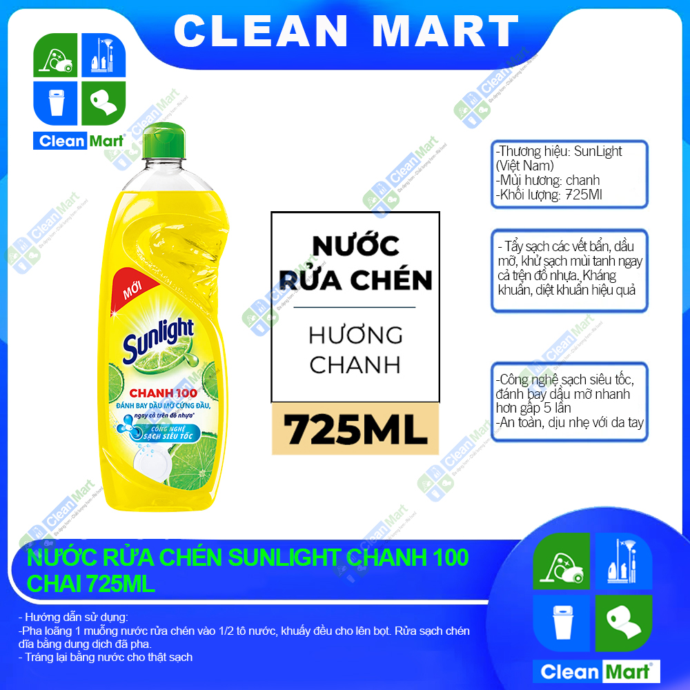 Sunlight Lemon Dishwashing Liquid 100 Removes Stubborn Grease Bottle 725ml - Clean Mart