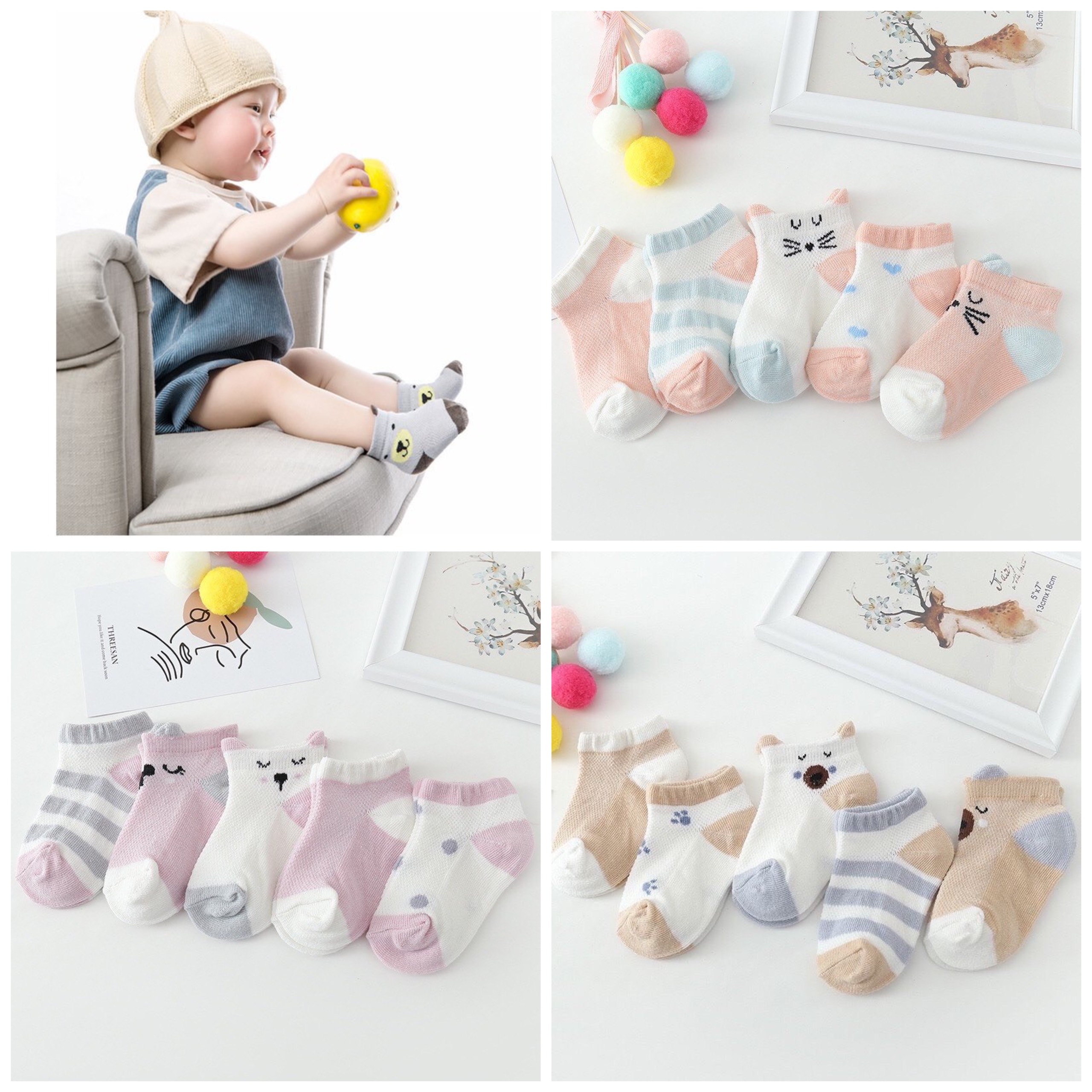 Set 5 Đôi Tất Lưới Điều Hoà Cổ Thấp Cho Bé Giúp Thoáng Chân