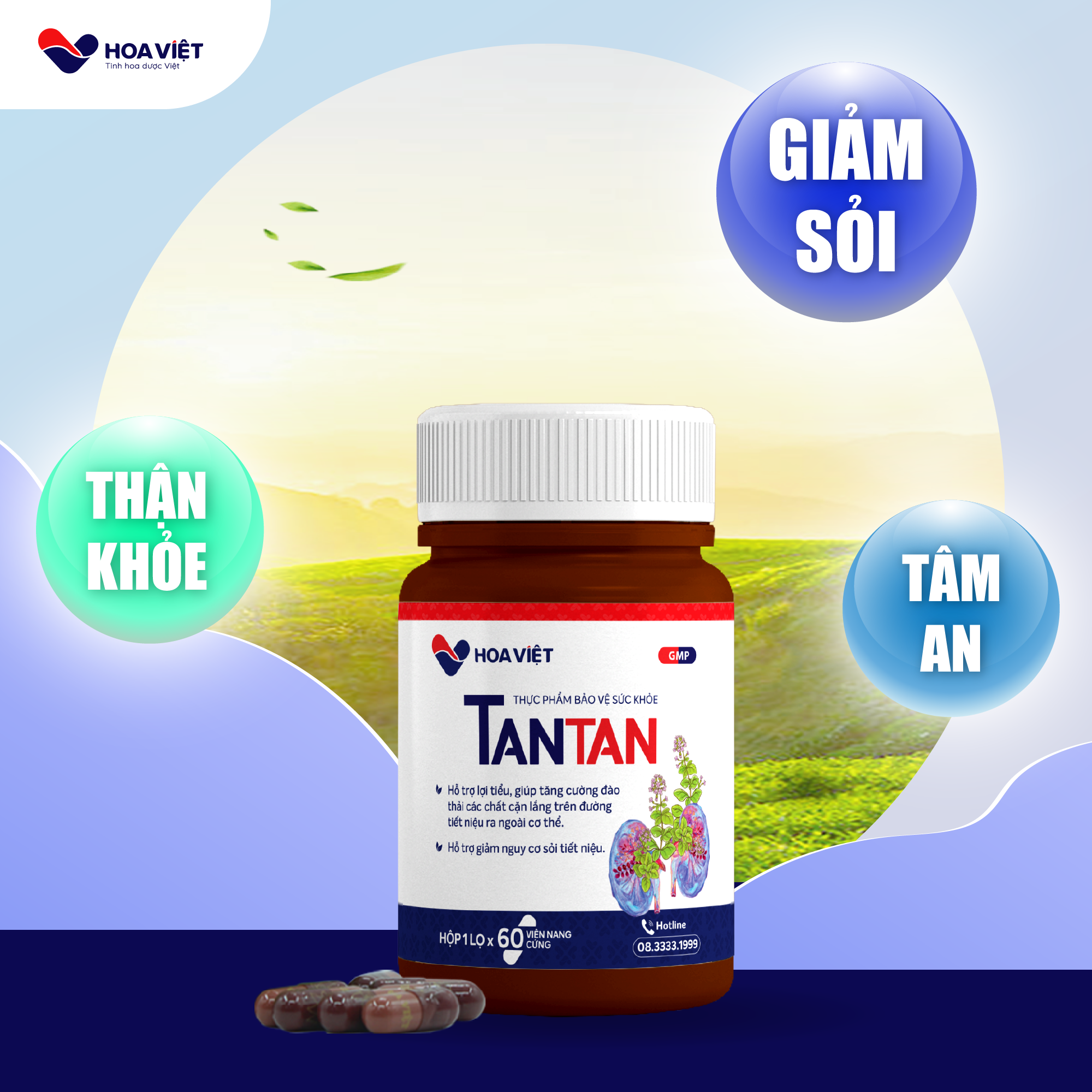 Viên sỏi Tan Tan Hoa Việt thảo dược giảm nguy cơ sỏi thận sỏi tiết niệu giảm viêm đường tiết niệu hộp 60 viên