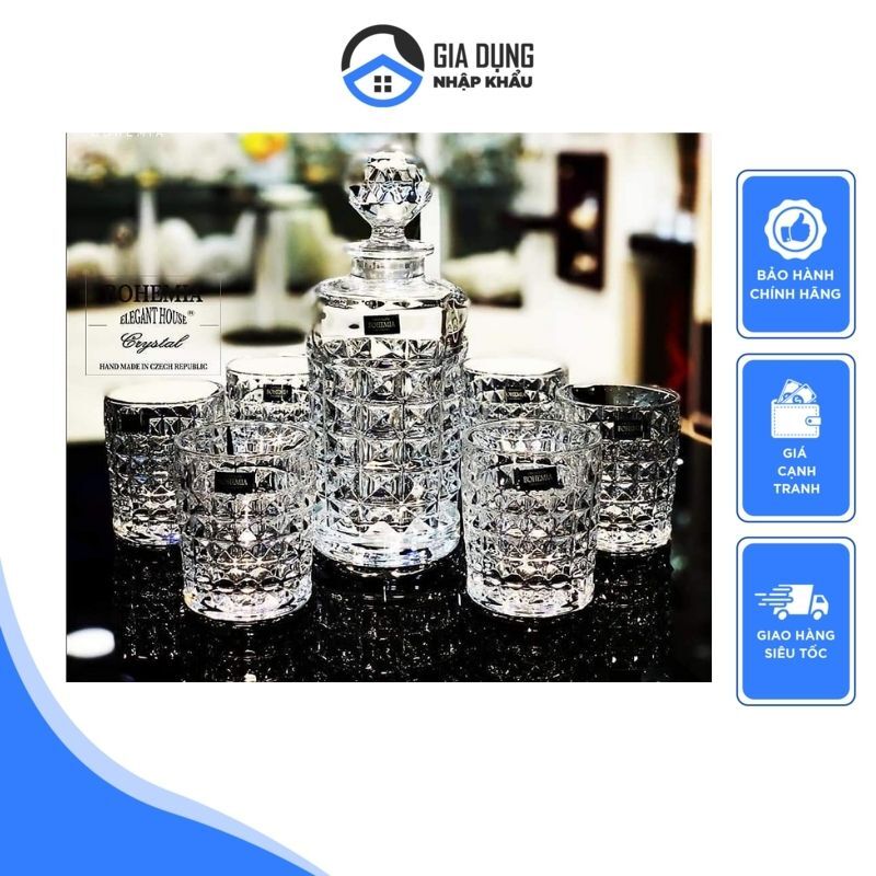 Bộ Bình Ly Rượu Whisky Pha Lê Cao Cấp Bohemia Diamond, 7 Món, Nhập Đức, Bộ Bình 6 Cốc Uống Rượu, Nước Trái Cây