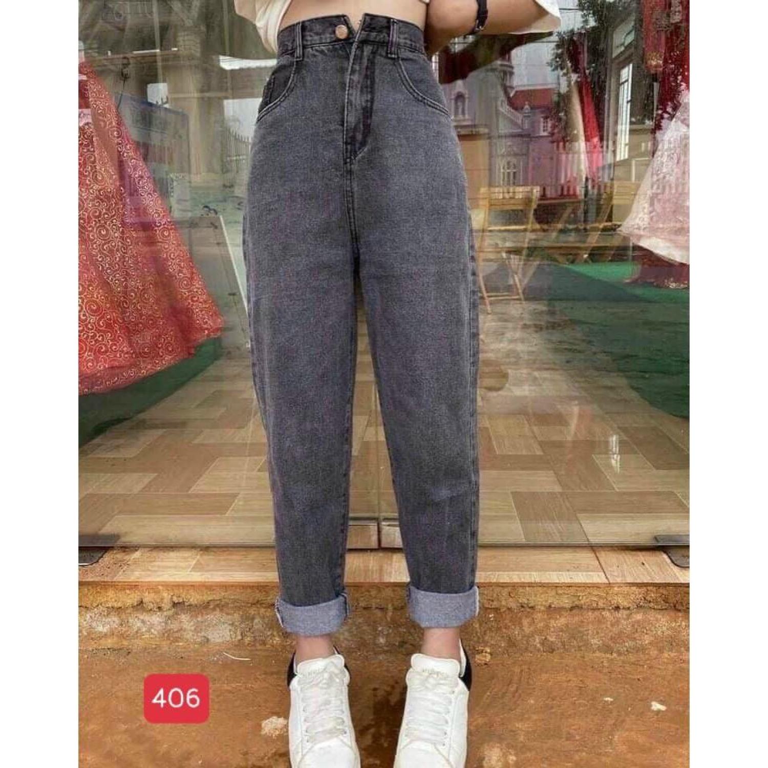 Quần baggy jean Q021 quần bò baggy nữ trơn cạp chun lưng cao thời trang
