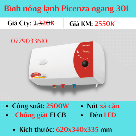Bình nóng lạnh picenza ngang 30l n30eu