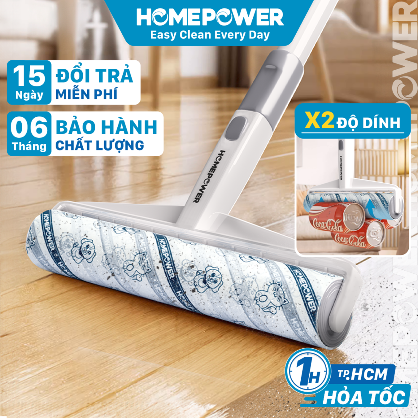 Cây lăn bụi sàn nhà 24cm CB-01 Homepower 60 tờ/cuộn - Keo siêu dính, tay cầm dài, kích thước lớn