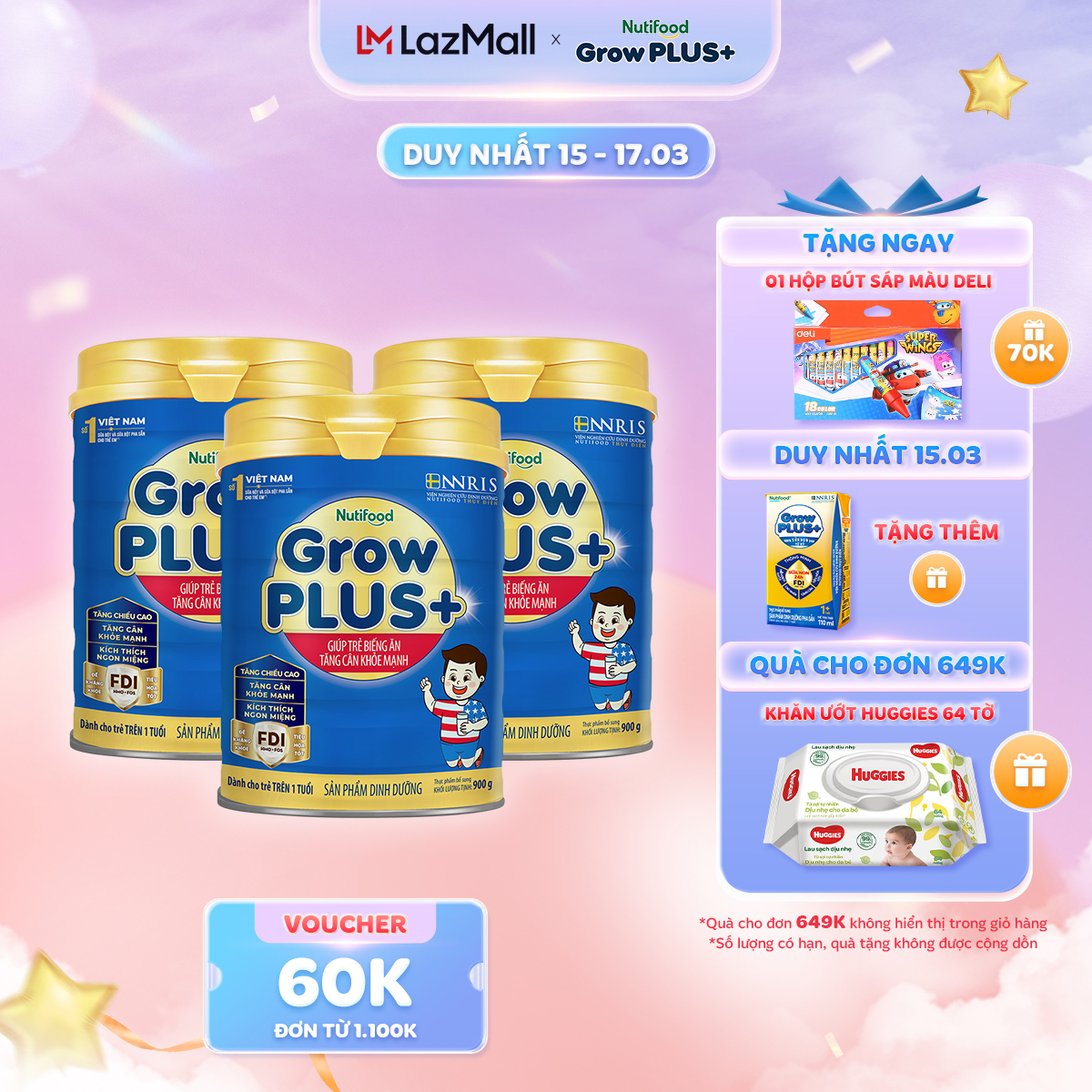 Combo 3 sữa bột GrowPLUS+ trên 1 tuổi Xanh 3 lon x 900g - Grow Plus+