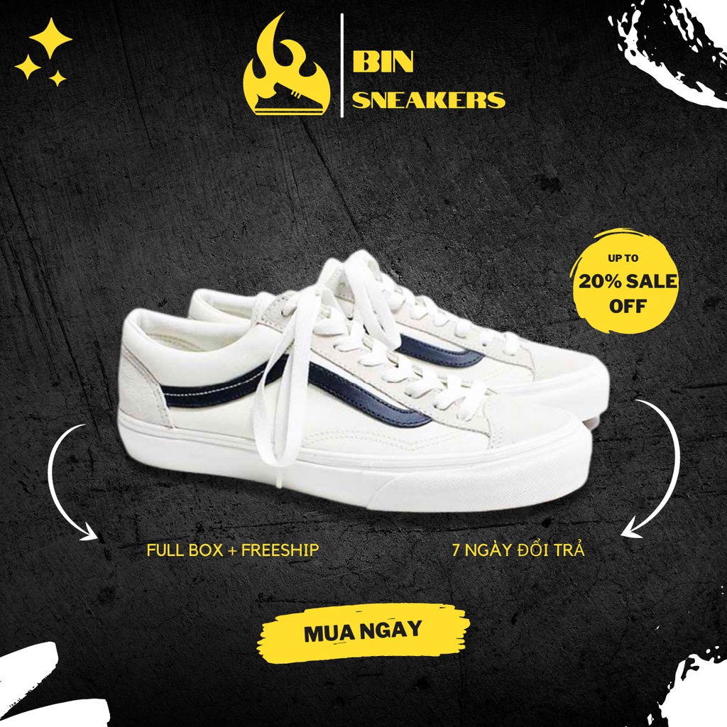 Giày thể thao Vans vault nam nữ màu trắng vệt xanh navy Full Box - Giày Vans trắng xanh đi học đi chơi siêu đẹp