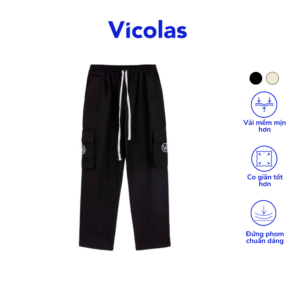 Quần kaki pants ống suông túi hộp thêu logo vicolas màu đen và be - basic khaki pants vicolas