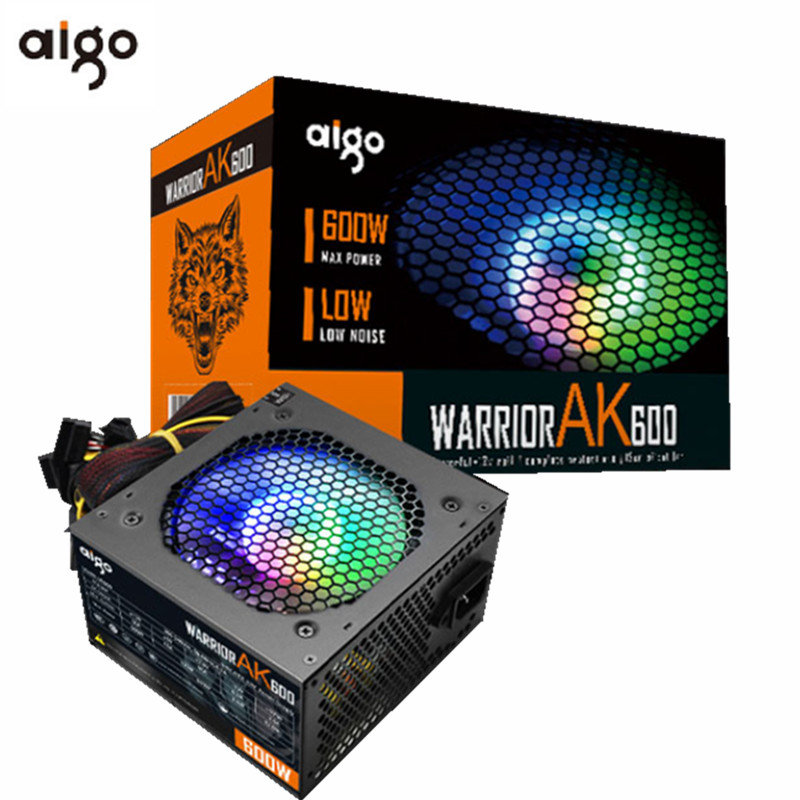 Aigo ak 600w pc psu power supply unit black gaming quiet 120mm rgb fan 24pin 12v atx desktop computer power supply btc