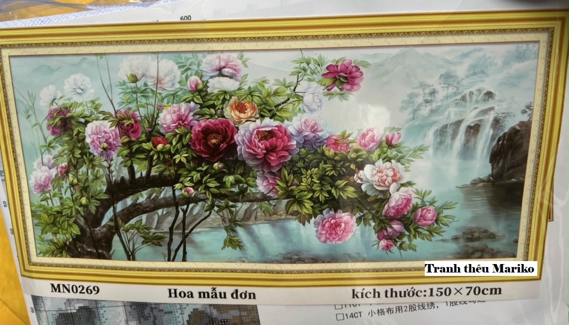 Tranh thêu kín hoa mẫu đơn mn0269 kích thước 150 x 70 cm