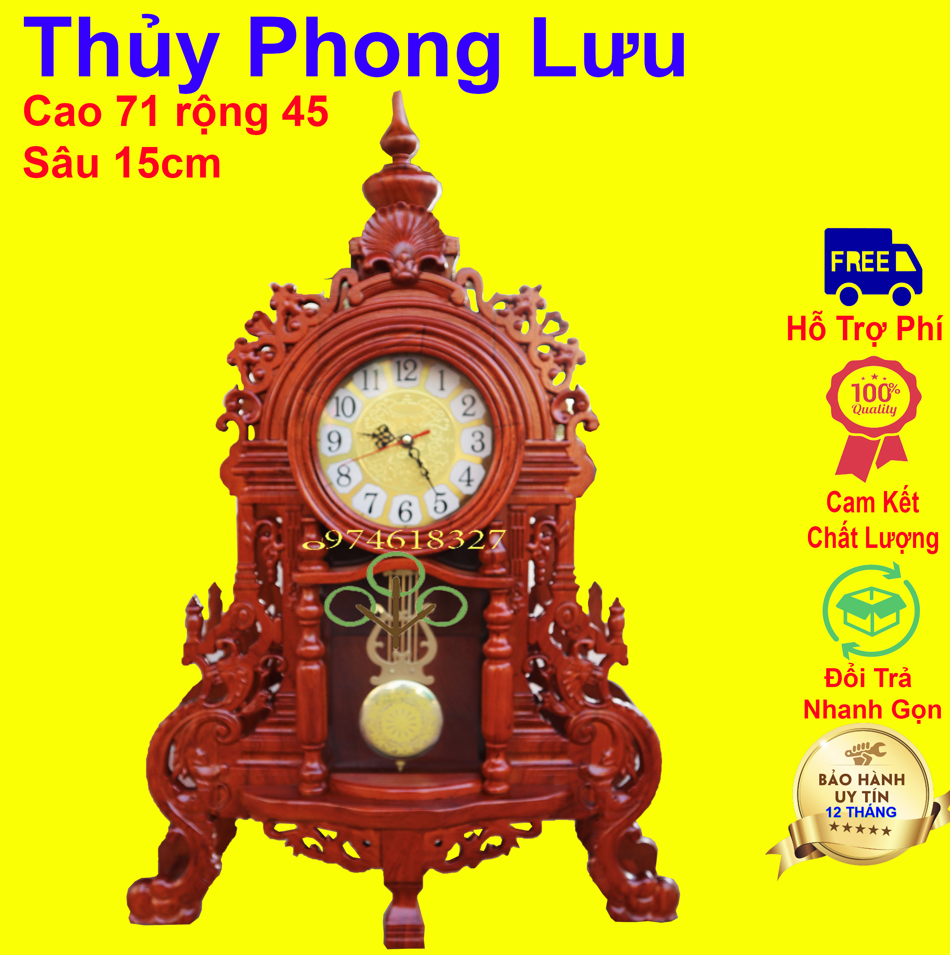Đồng hồ để bàn trạm khắc chim trĩ phòng khách gỗ hương cao 71cm