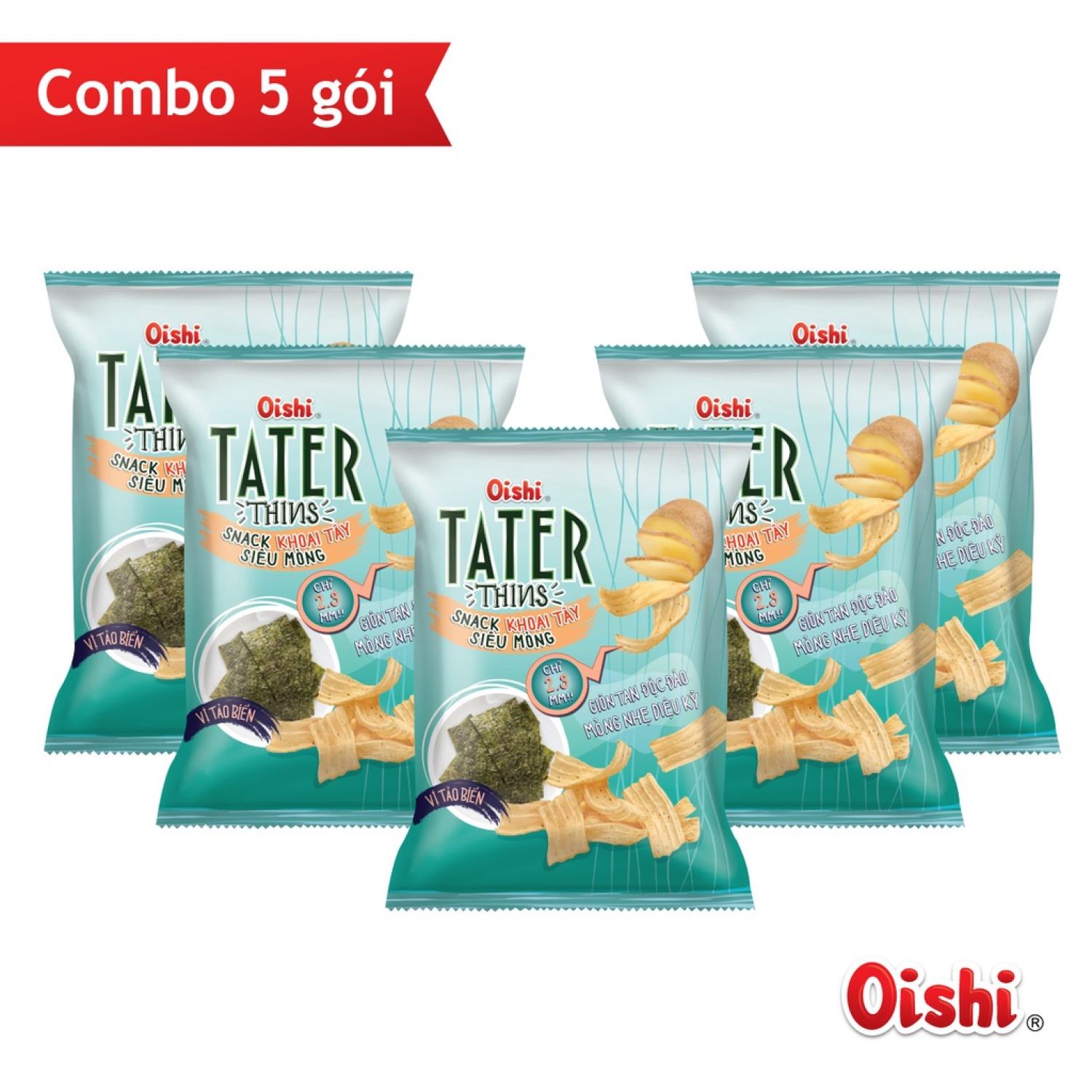 Combo 5 gói Oishi Snack Khoai Tây Siêu Mỏng Tater Thins Vị Tảo Biển Siêu Ngon
