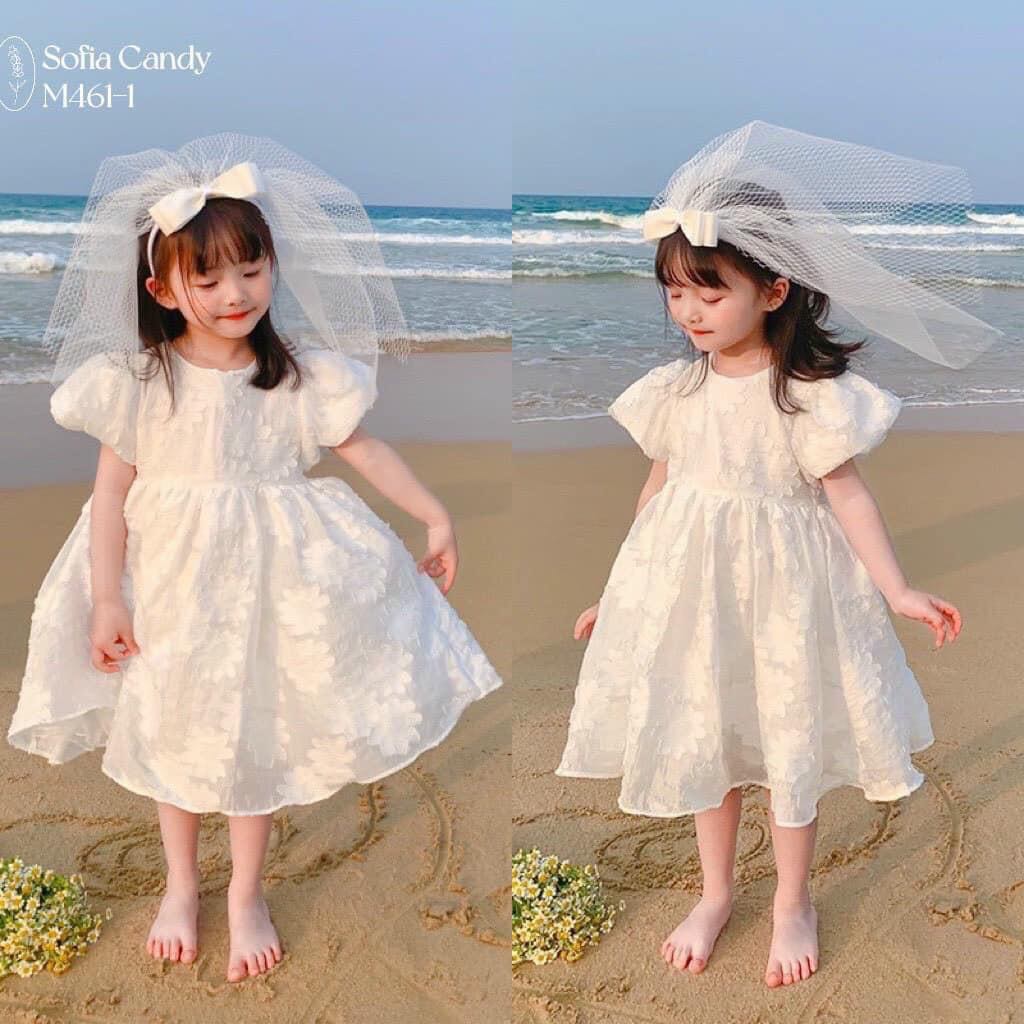 Váy đầm gấm hoa tay phồng công chúa cho bé gái
