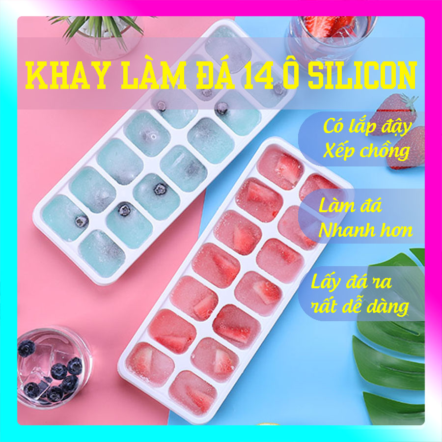 Combo 3 khay làm đá silicon có nắp đậy khay đá viên nhỏ 14 ô, chất liệu pp, đáy silicone lấy đá đơn giản