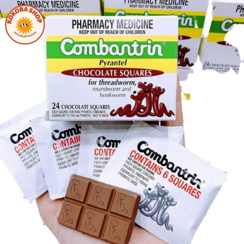 Hộp tẩy giun combantrin cho bé từ 1 tuổi -úc vị socola -hộp 4 vỉ.