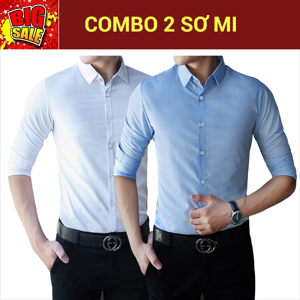Combo 2 áo sơ mi lụa trơn (trắng + xanh nhạt)
