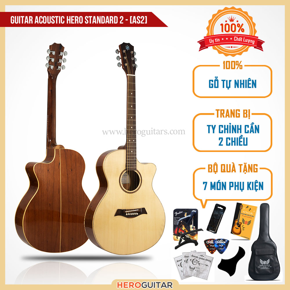 Guitar Acoustic Hero Standard 2 - Full solid [Mã AS-2] - Gỗ nguyên tấm 100%, Có ty chỉnh cần, Tặng kèm bao da và phụ kiện