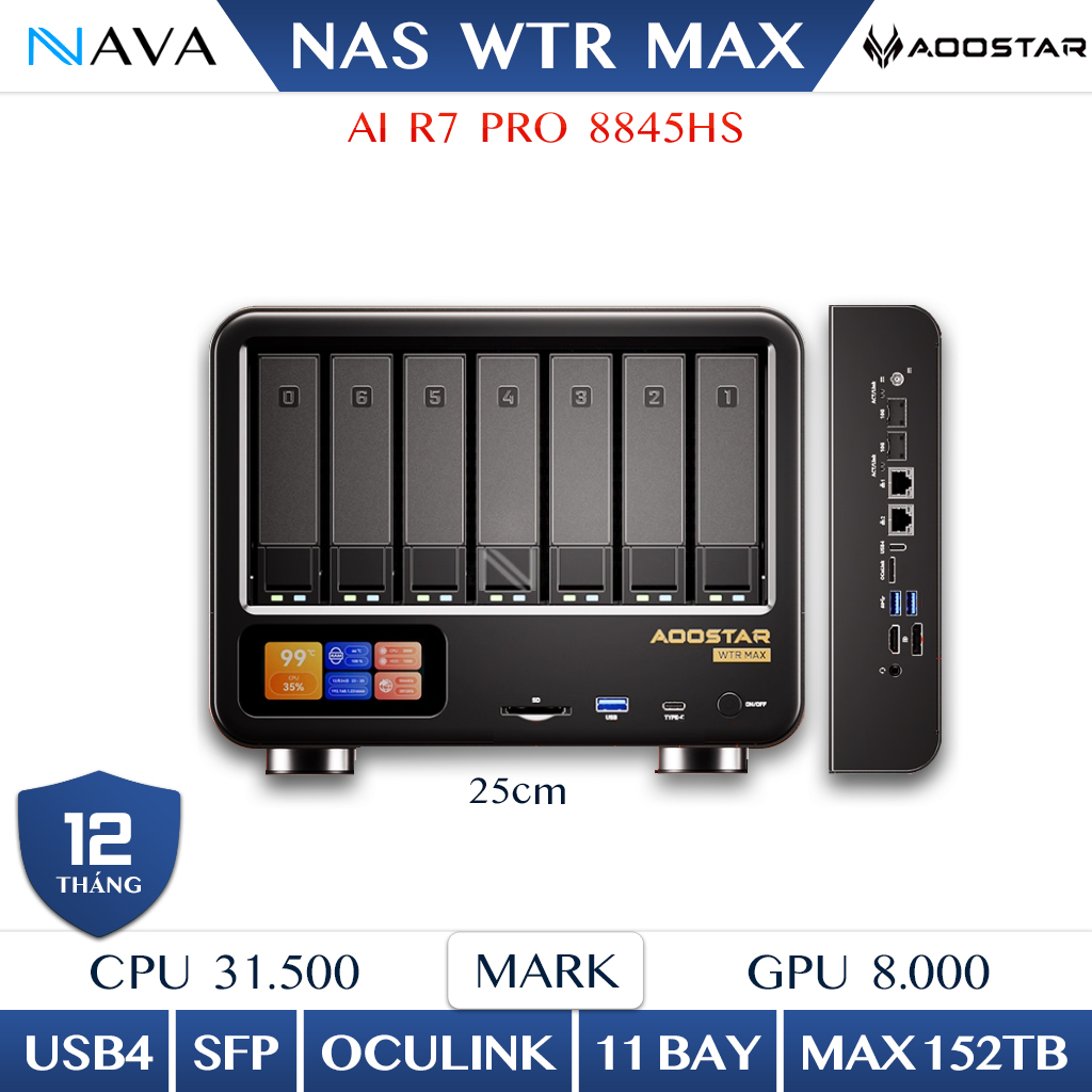 NAS AOOSTAR WTR MAX – AMD Ryzen 7 PRO 8845HS 8C16T, 11 bay lưu trữ, DDR5-5600, OCuLink/USB4