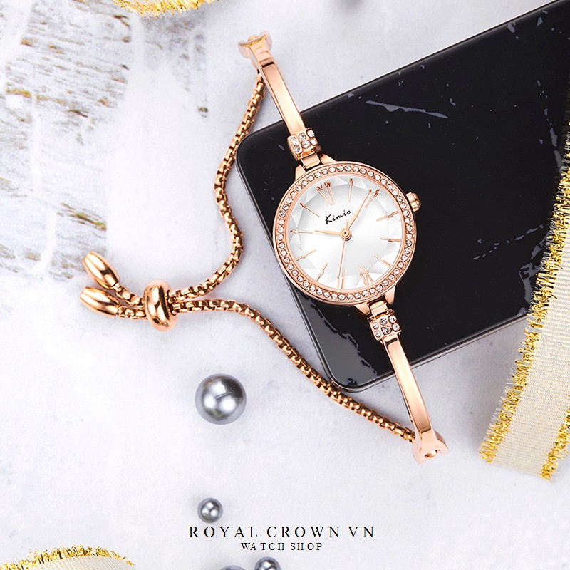 Đồng Hồ nữ thời trang KIMIO 6416 dây rút mặt tròn chống nước chính hãng
