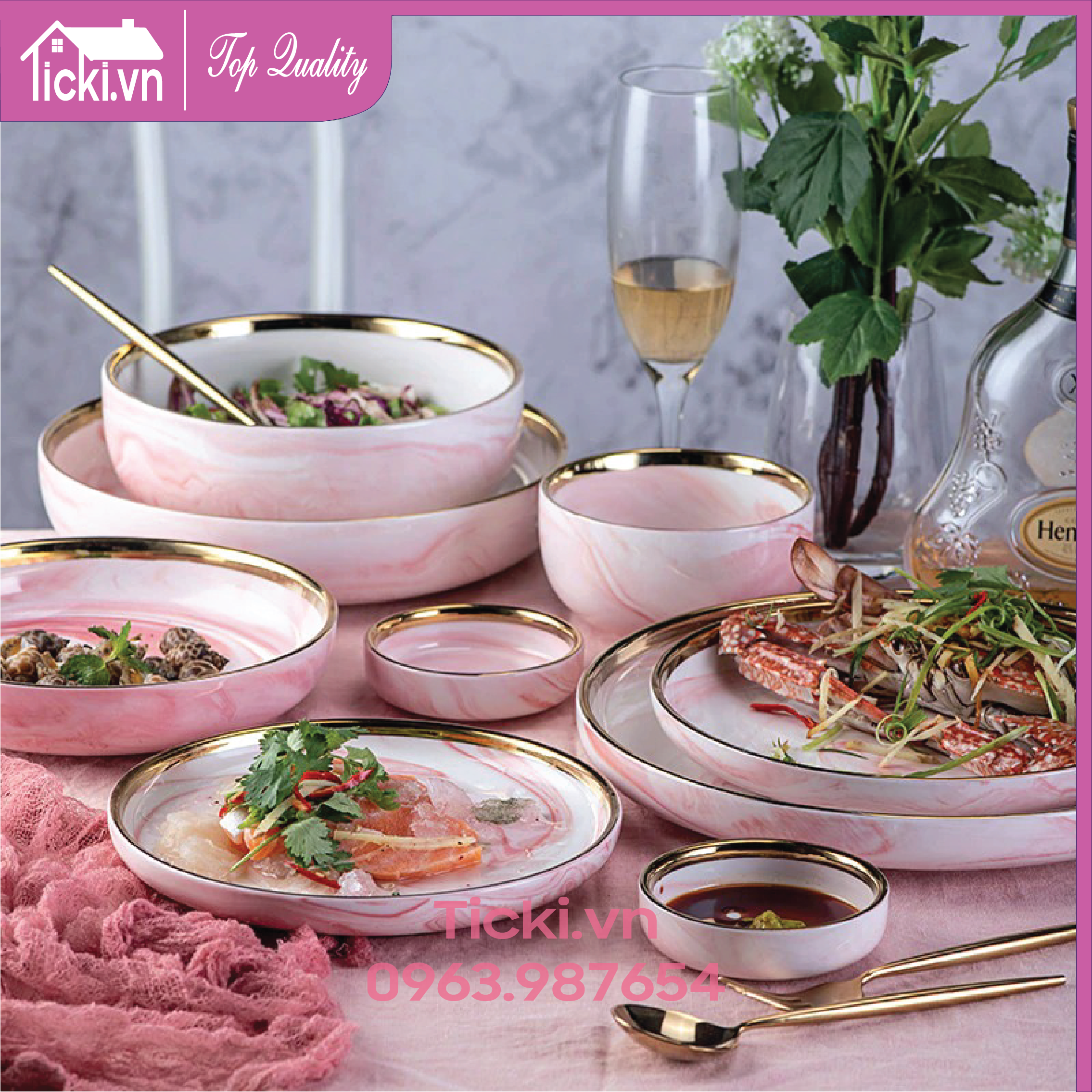 Bộ bát đĩa đẹp màu hồng vân đá cẩm thạch viền vàng mang phong cách Bắc Âu gốm sứ cao cấp Ticki Quality