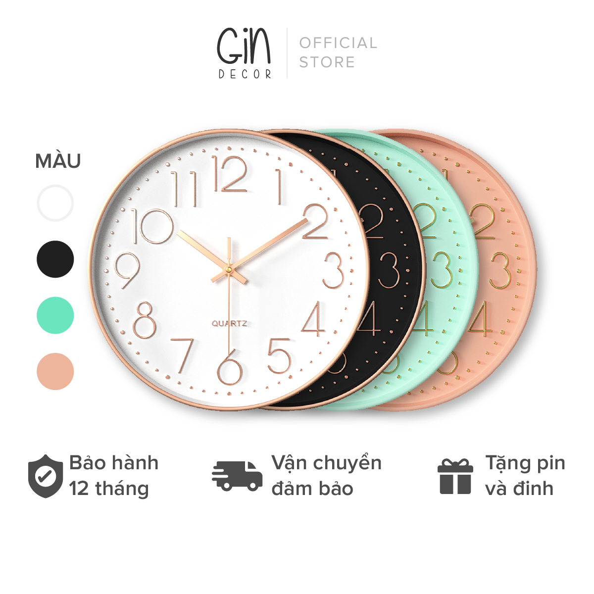 Đồng hồ treo tường Quartz kim trôi 30cm SỐ TRÒN (tặng Pin + Đinh)