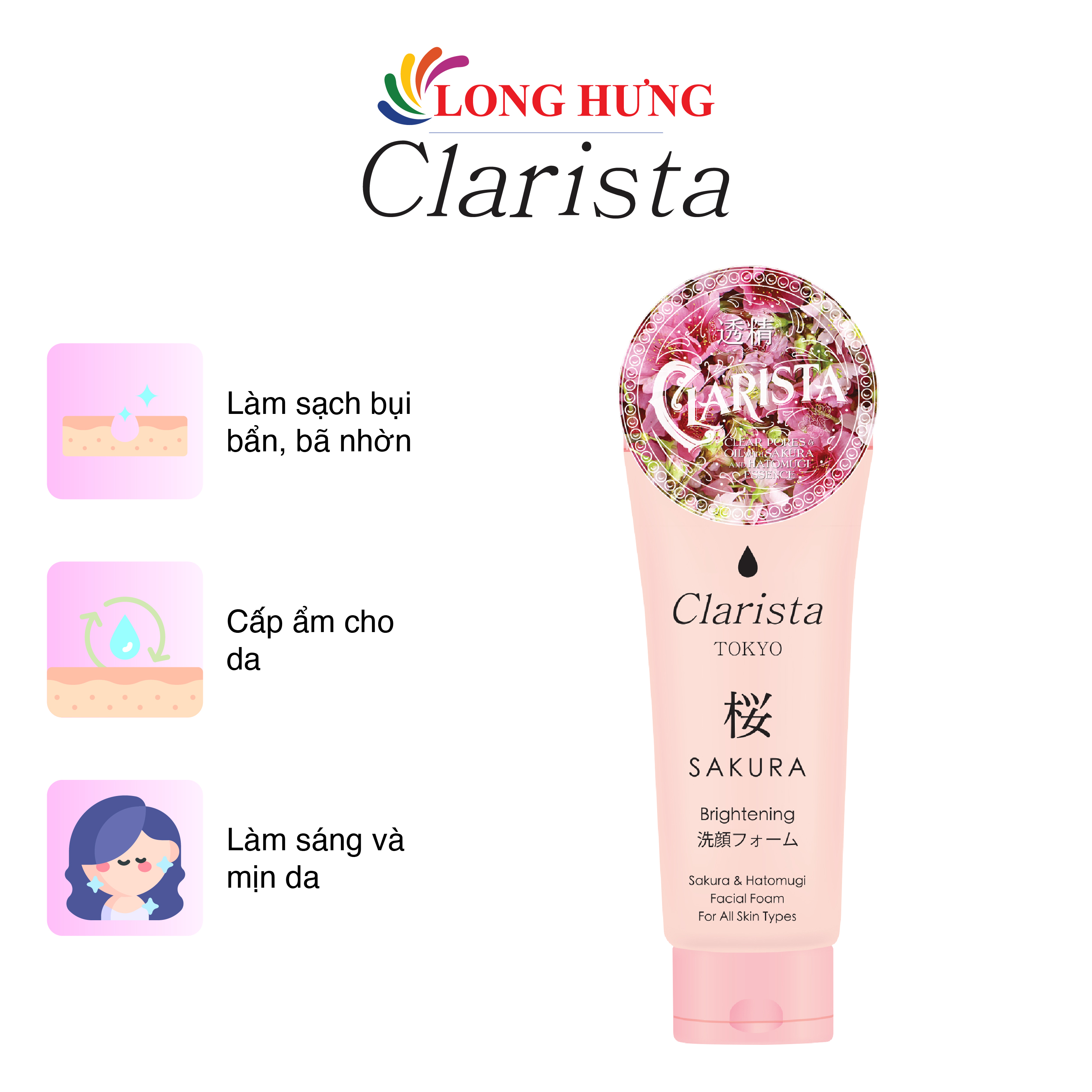 Sữa rửa mặt chiết xuất hoa anh đào Kumano Clarista Tokyo Sakura & Hatomugi Facial Foam làm sạch và dưỡng ẩm da (130g)