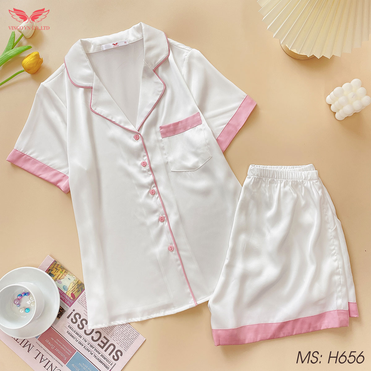 Đồ bộ nữ pijama mặc nhà lụa cao cấp mùa hè Vingo tay ngắn quần đùi trơn màu hồng xanh trắng nhẹ nhàng mặc nhà thoải mái H656 VNGO TCQC