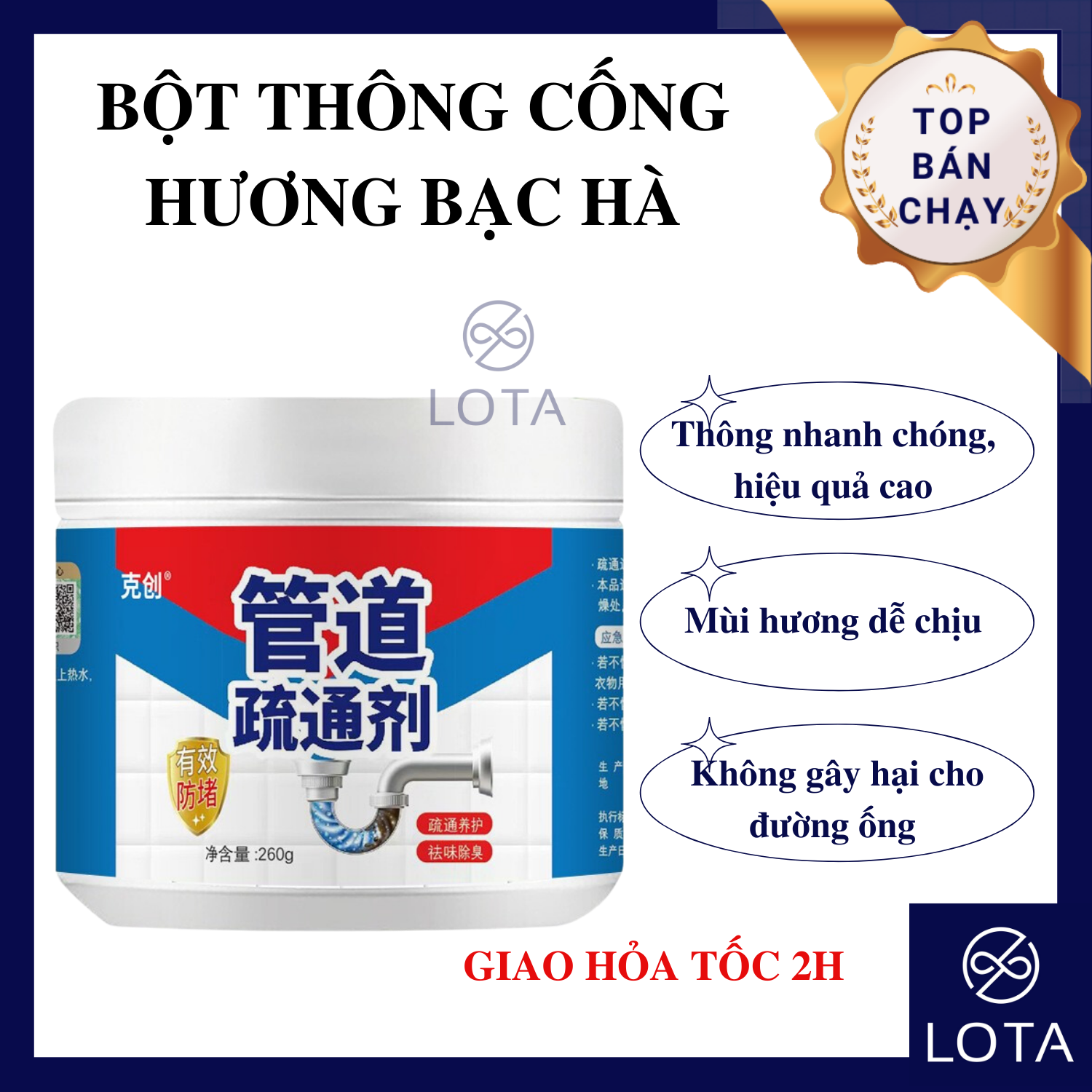 BỘT THÔNG CỐNG HƯƠNG BẠC HÀ 260G chất thông tắc đường ống thoát nước lavabo bồn rửa mặt chậu rửa chén bát bột thông bồn cầu LOTA SHOP