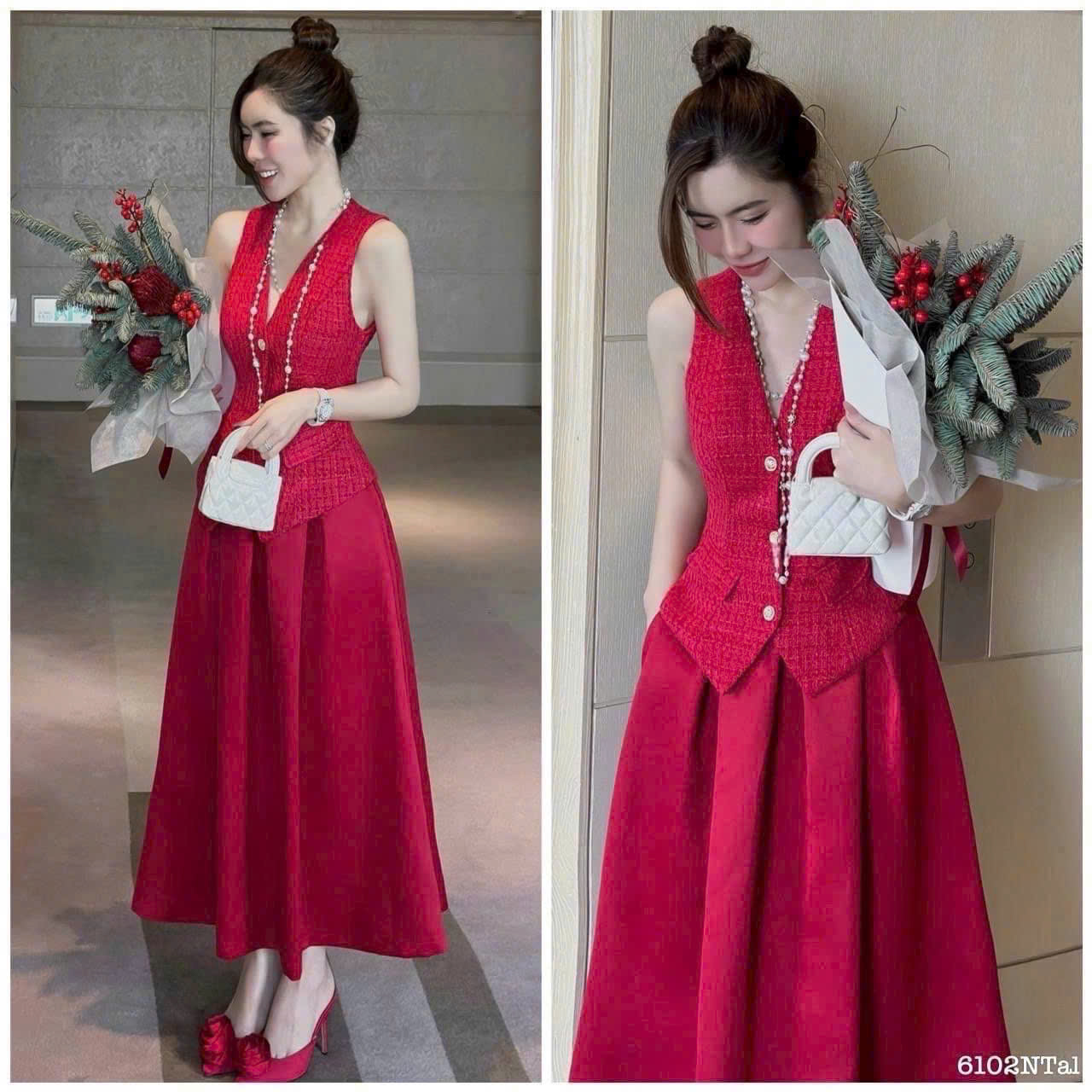 Set váy thời trang áo cổ chữ v sát nách giả túi chất lennin dạ chân váy tuyết mưa dáng dài xoè duyên dáng