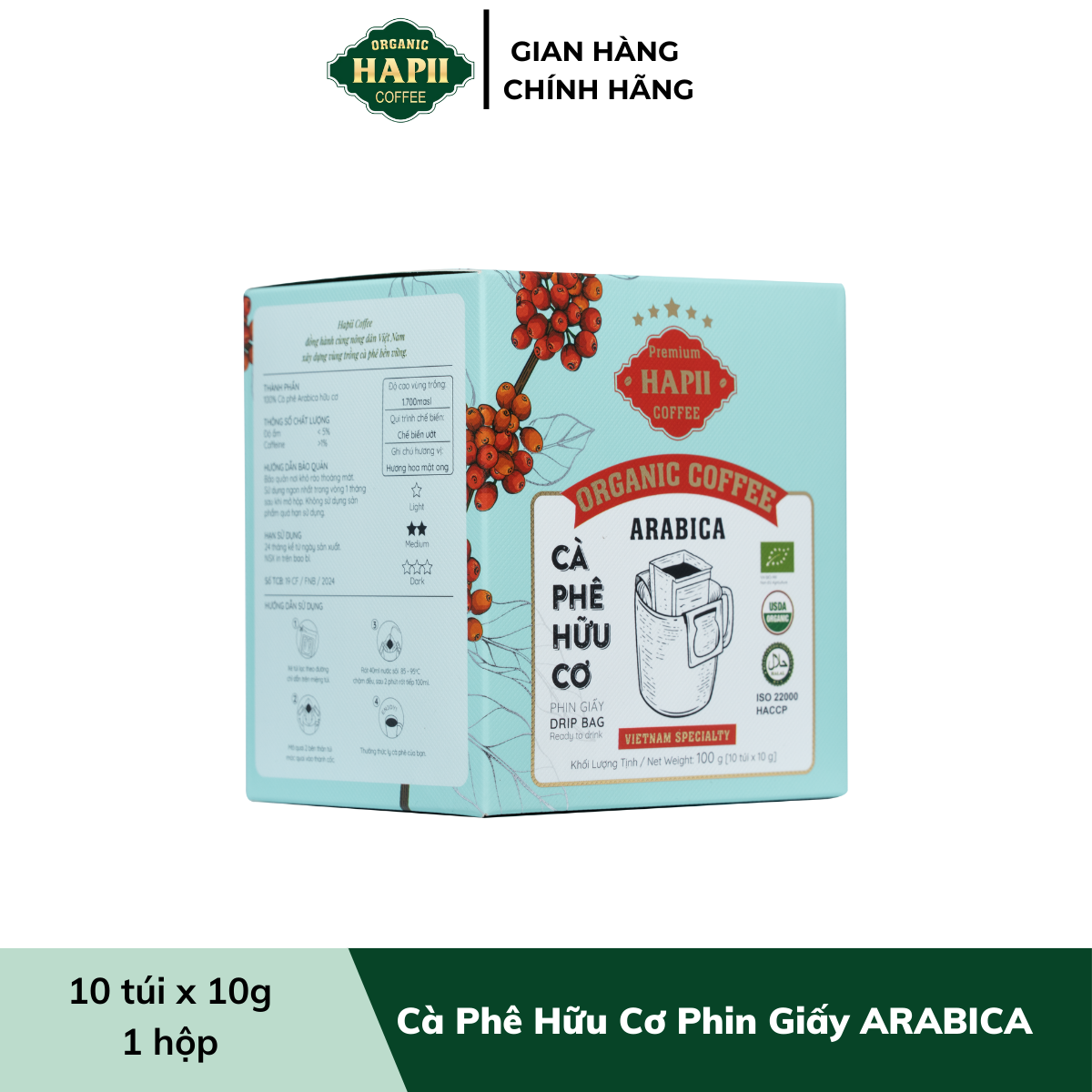 Hapii Coffee - Cà Phê Hữu Cơ Phin Giấy Arabica - Hộp 6 Túi, 10 Túi, 20 Túi