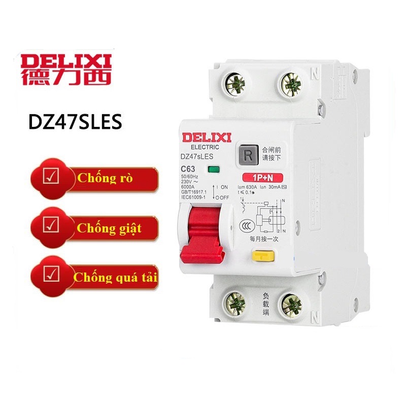 Át aptomat,cb chống rò chống giật - chống quá tải 2 pha 20a,32a và 63a rcbo delixi