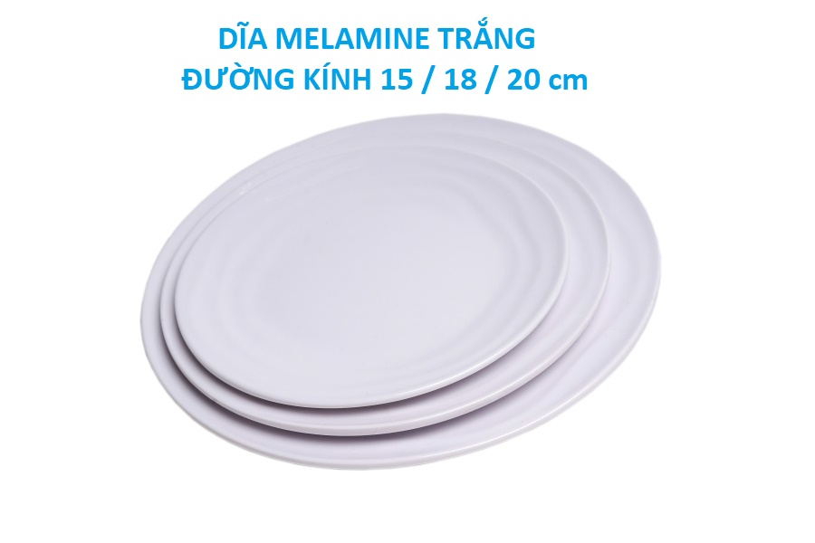 Dĩa tròn nhựa melamine đựng thức ăn màu trắng đường kính 15 - 17 - 20 cm