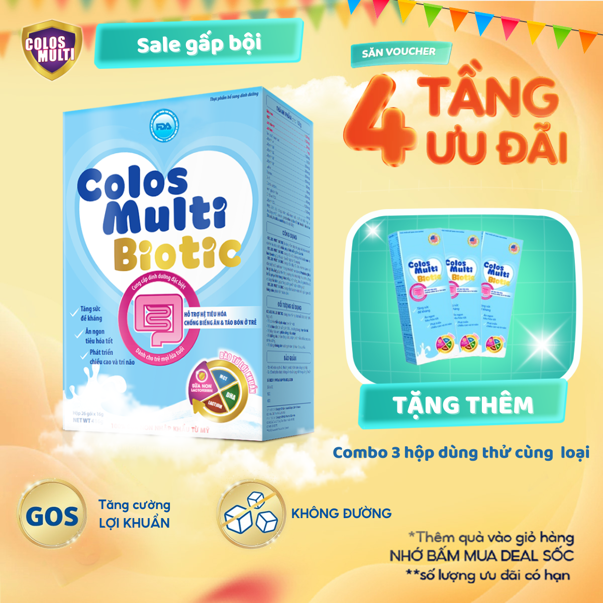 Colosmulti Biotic hộp 26 gói x 16g chuyên biệt cho táo bón, tiêu hóa kém hỗ trợ tăng cân