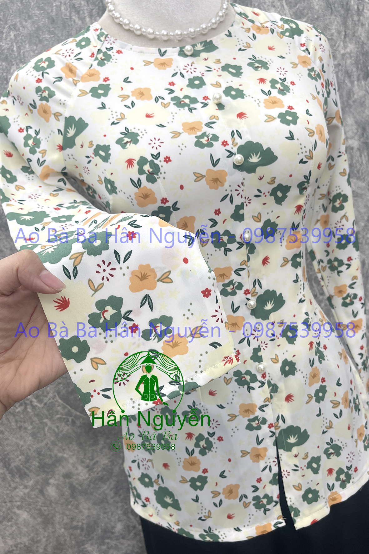 Áo bà ba lụa hoa anh đào dây kéo