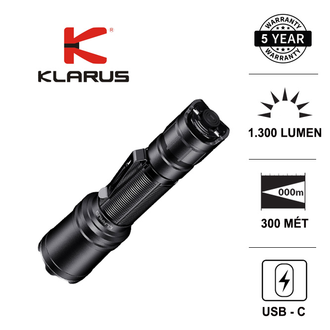 Đèn pin tác chiến phản ứng nhanh KLARUS XT11R độ sáng 1300 lumen chiếu xa 300m cổng sạc USB type C sử dụng 1 pin 18650 2600mAh (kèm theo) Đèn Đèn pin