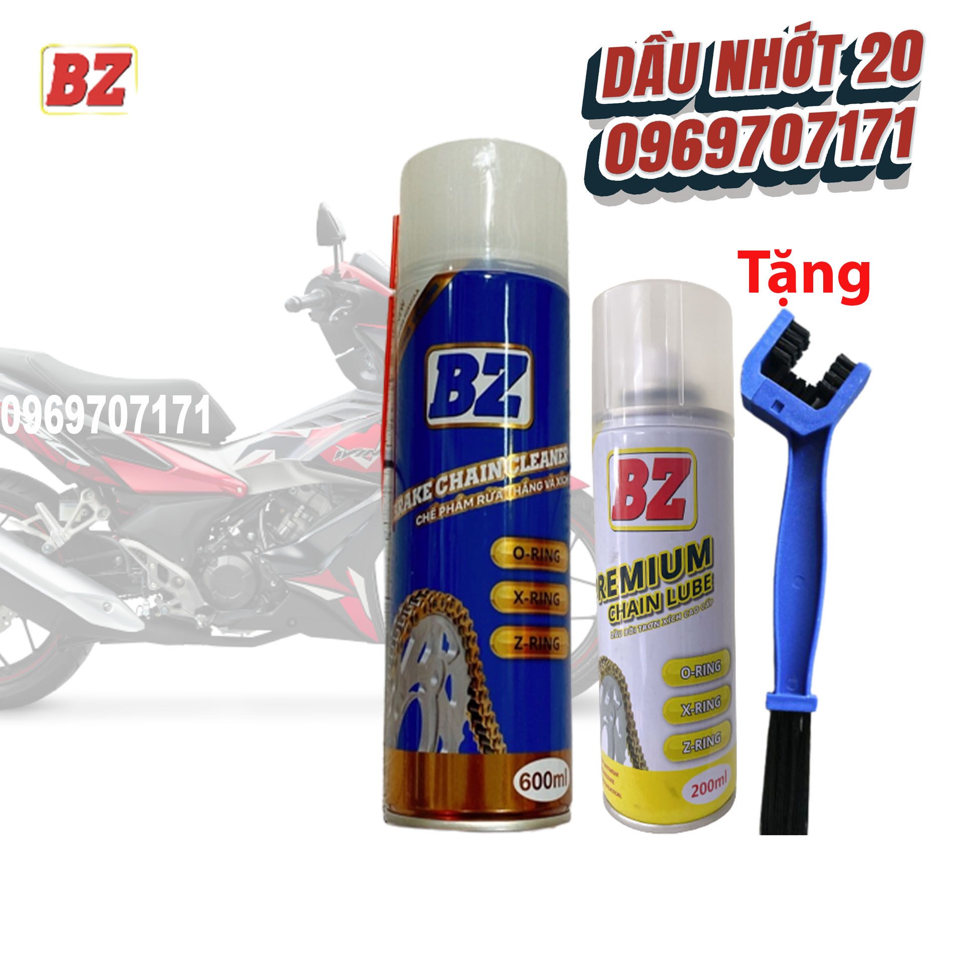 Combo dưỡng sên bz premium chain lube 450ml 200ml - rửa sên bz 600ml , kèm bàn chải 3d