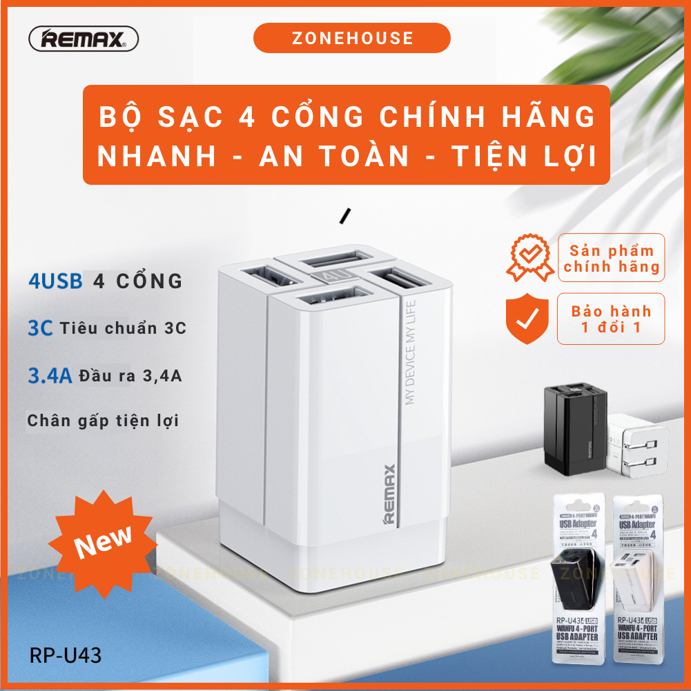 [CHÍNH HÃNG] Củ Sạc Nhanh 4 Cổng REMAX - ZoneHouse, Cục Sạc Điện Thoại Thông Minh, Chân Gập Tiện Dụng, Sạc Đa Năng, RẺ [ZONESHOP]