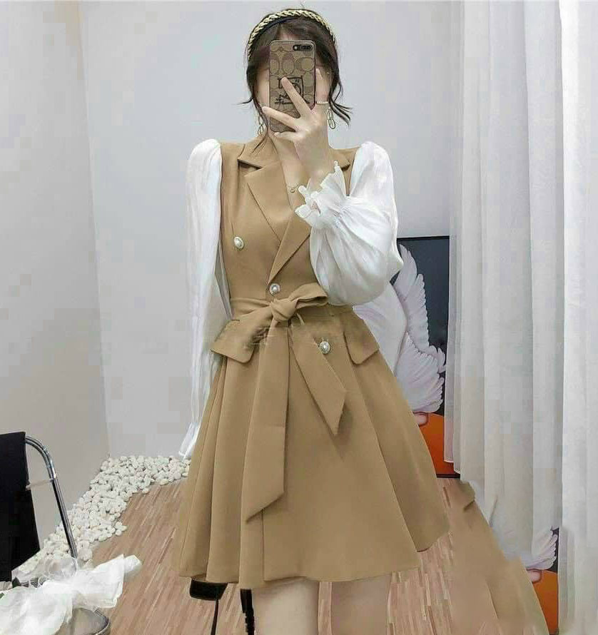 Đầm nữ cổ vest tay dài cột dây eo thanh lích nhã nhặng thời trang HARI