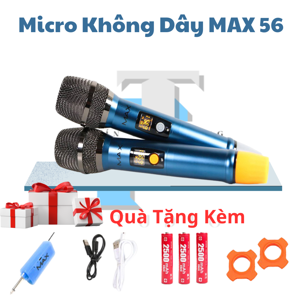 Micro Không Dây Hàng Bãi | Micro Không Dây Max 56, Màn Hình LCD Hiển Thị Hút Âm Tốt, Giảm Hút Rít, Pin Dung Lượng Cao 2500mAh Thoải Mái Ca Hát, Micro Đa Năng Kết Nối Mixer, Amply, Loa Kéo, Dàn Karaoke