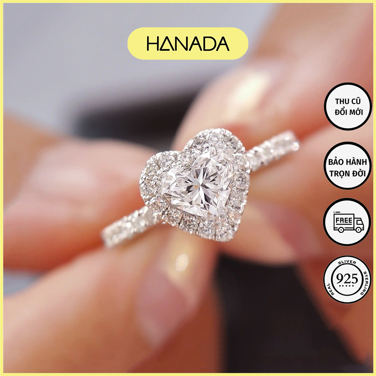 Nhẫn bạc 925 hanada trái tim đính đá tiêu thư nhẫn đi tiệc heart ring