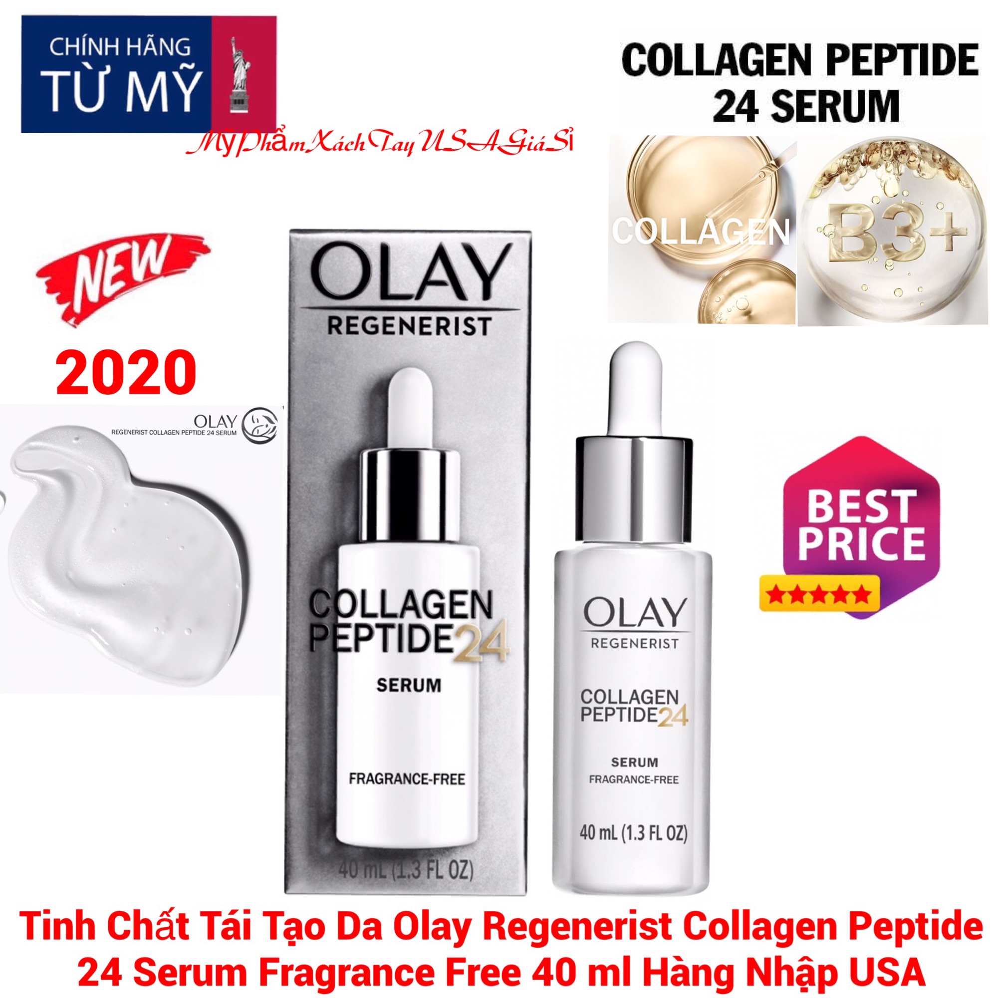 Tinh Chất Tái Tạo Da,Phục hồi da hư tổn Olay Regenerist Collagen Peptide 24 Serum Fragrance Free 40ml USA