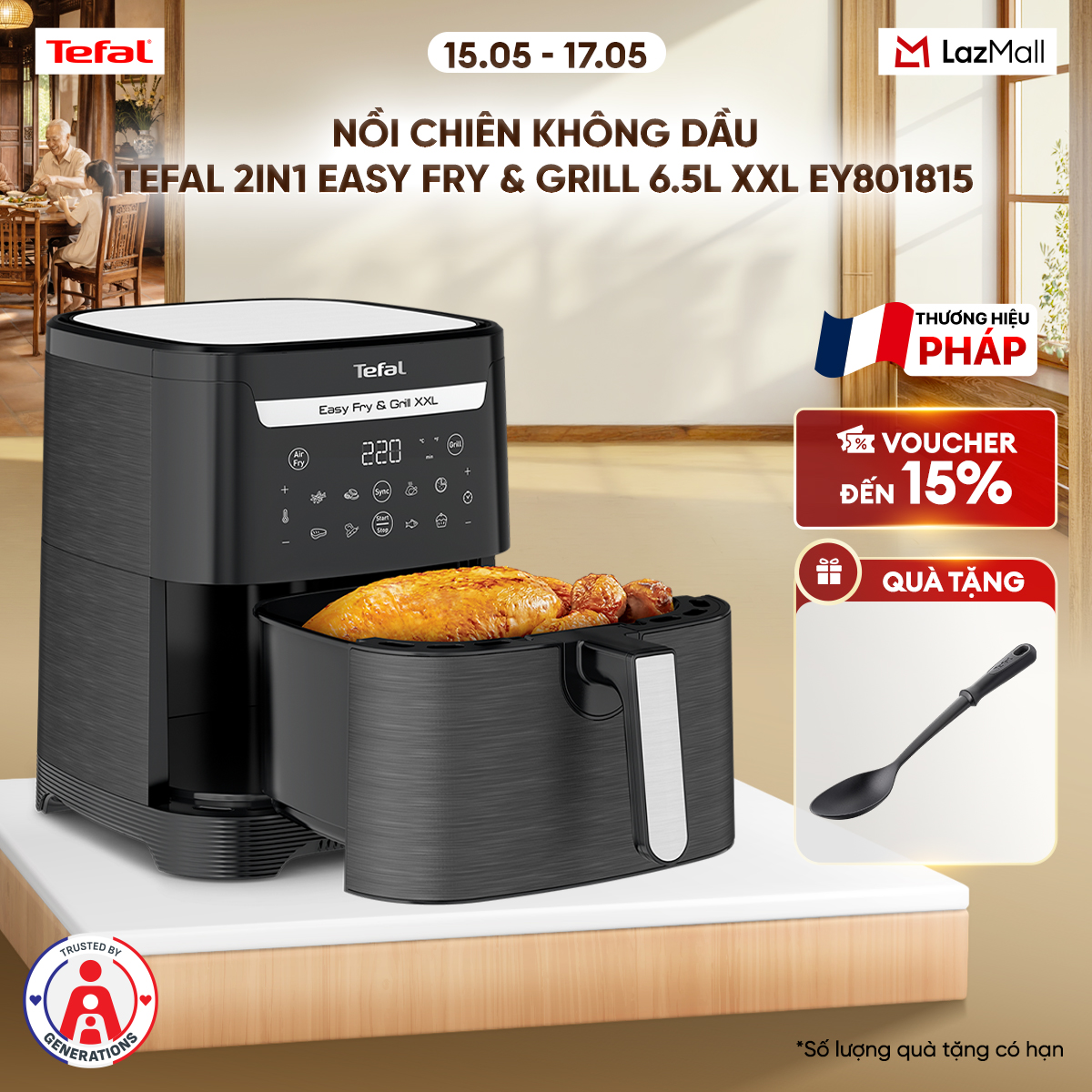 Nồi chiên không dầu Tefal 2in1 EY801815 - 6.5L  - Điện tử
