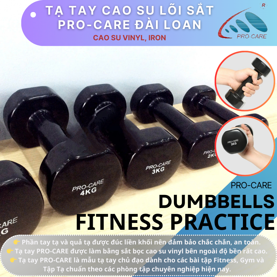Tạ Tay Dumbbells Cao Su Lõi Sắt Pro-Care Đài Loan - Trọng Lượng Tạ từ 1KG đến 5KG (1 Cái)