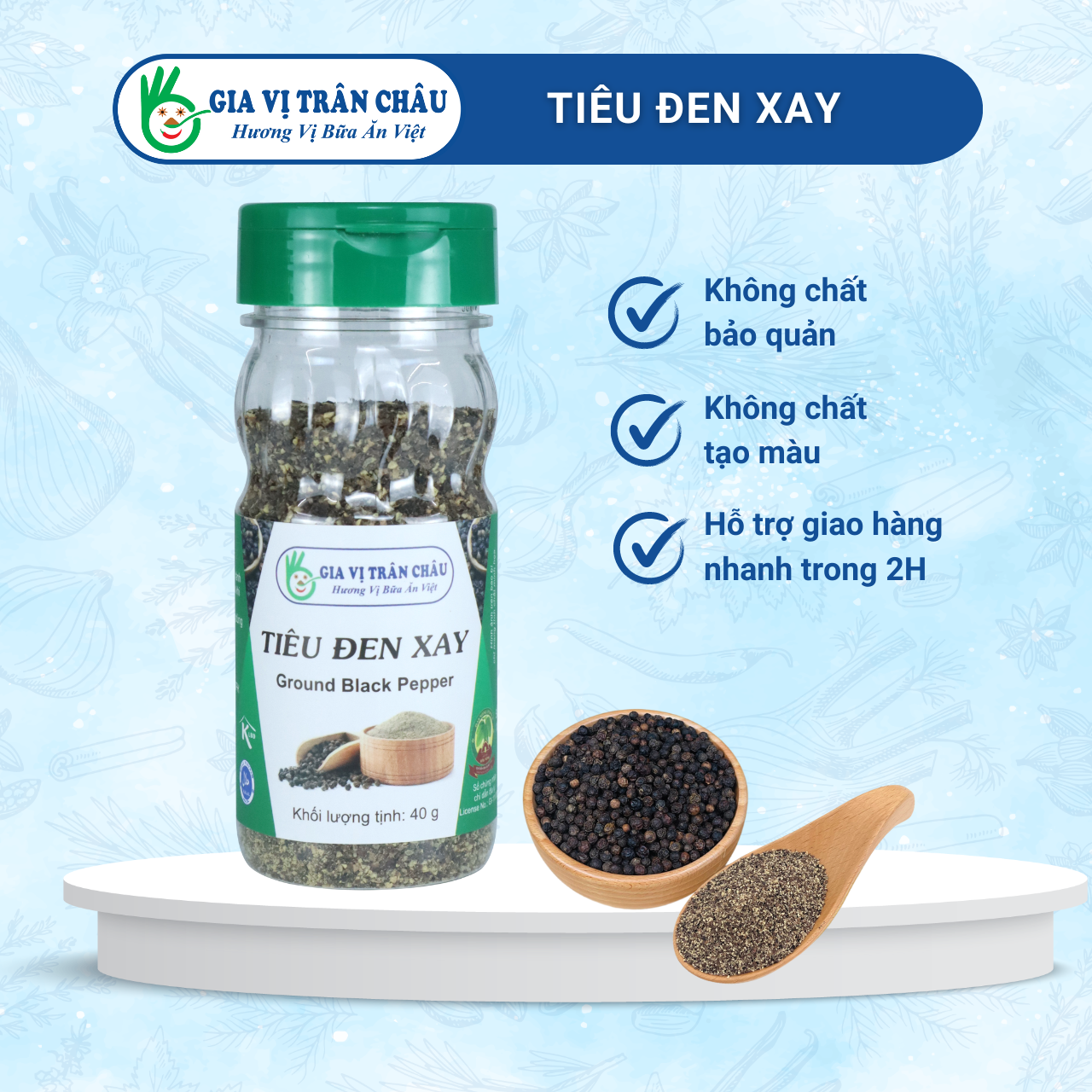 Tiêu đen xay trân châu | hũ nhựa 40g, 100% từ tự nhiên