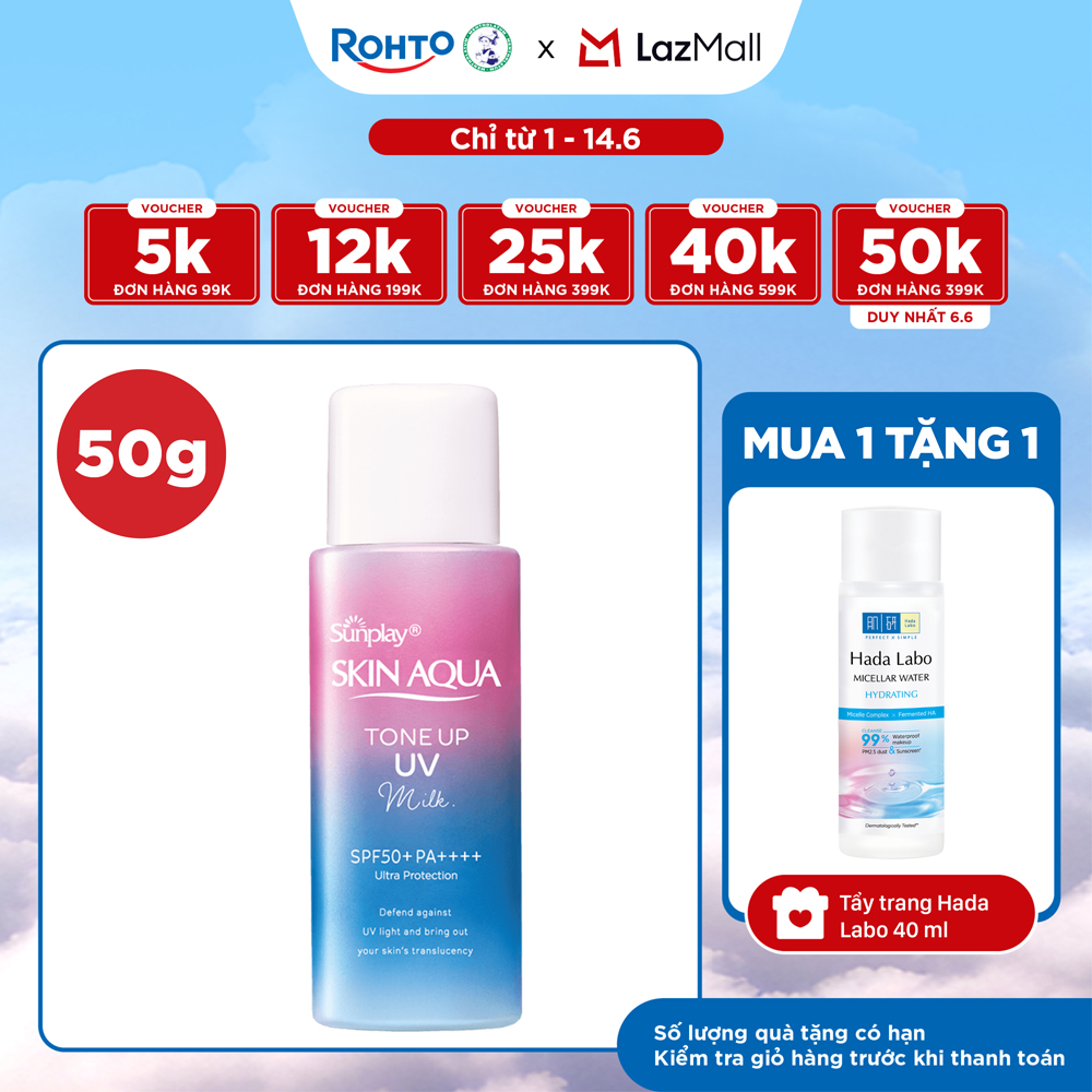 Kem chống nắng nâng tông Skin Aqua Tone up Lavender cho da tối màu  da vàng, dạng  sữa Sunplay Skin Aqua Tone Up UV Milk Lavender SPF 50+ PA++++ 50g