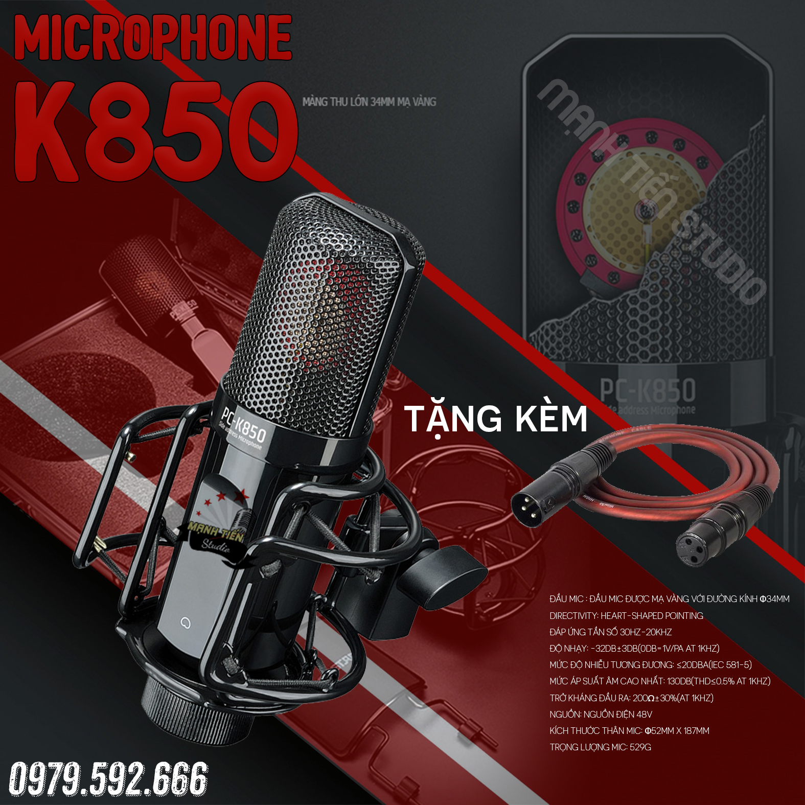MIC Takstar PC-K850 - Micro thu âm chất lượng cao - TẶNG KÈM DÂY CANON mạ vàng nguyên chất độ nhạy cao chất lượng âm thanh cực hay